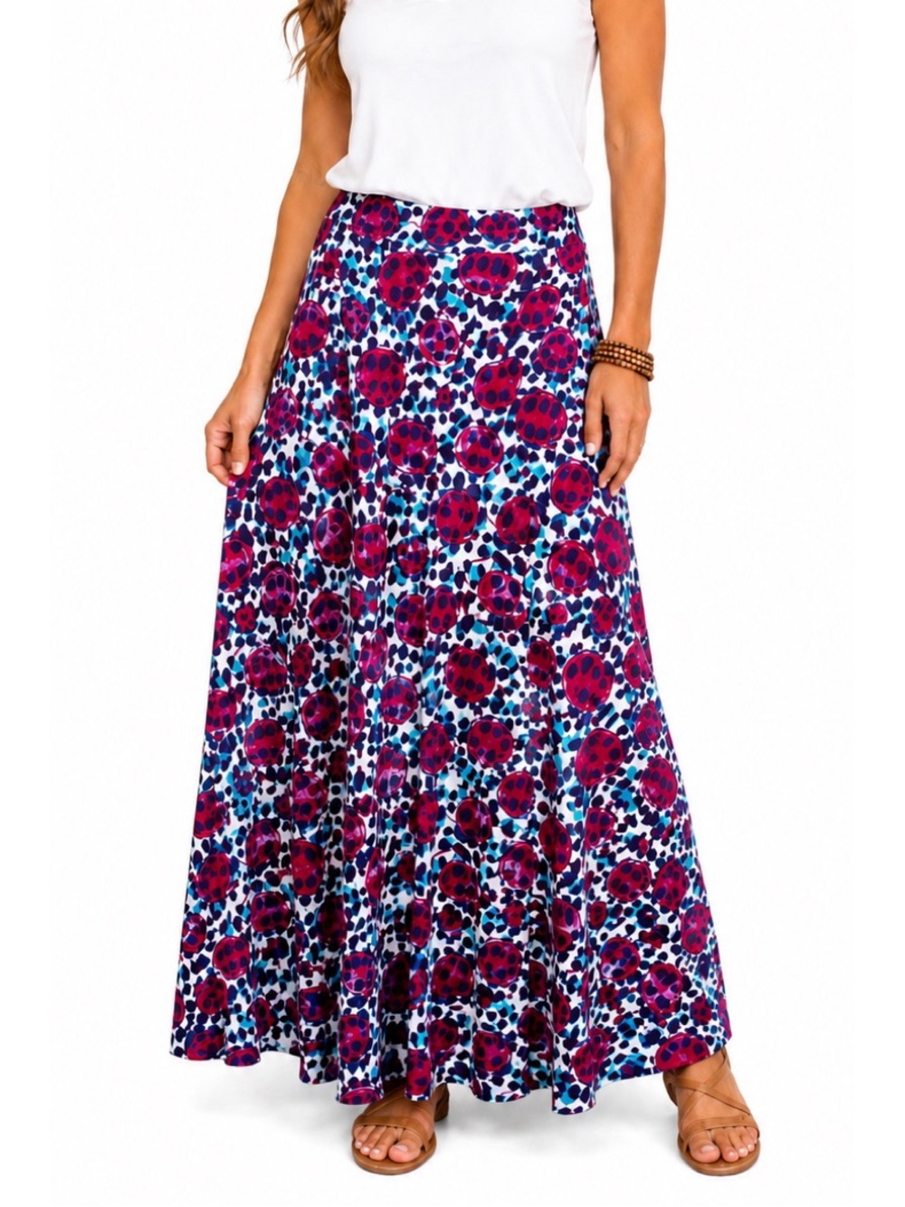LuLaRoe Maxi skirt in a vibrant red and blue geometric pattern